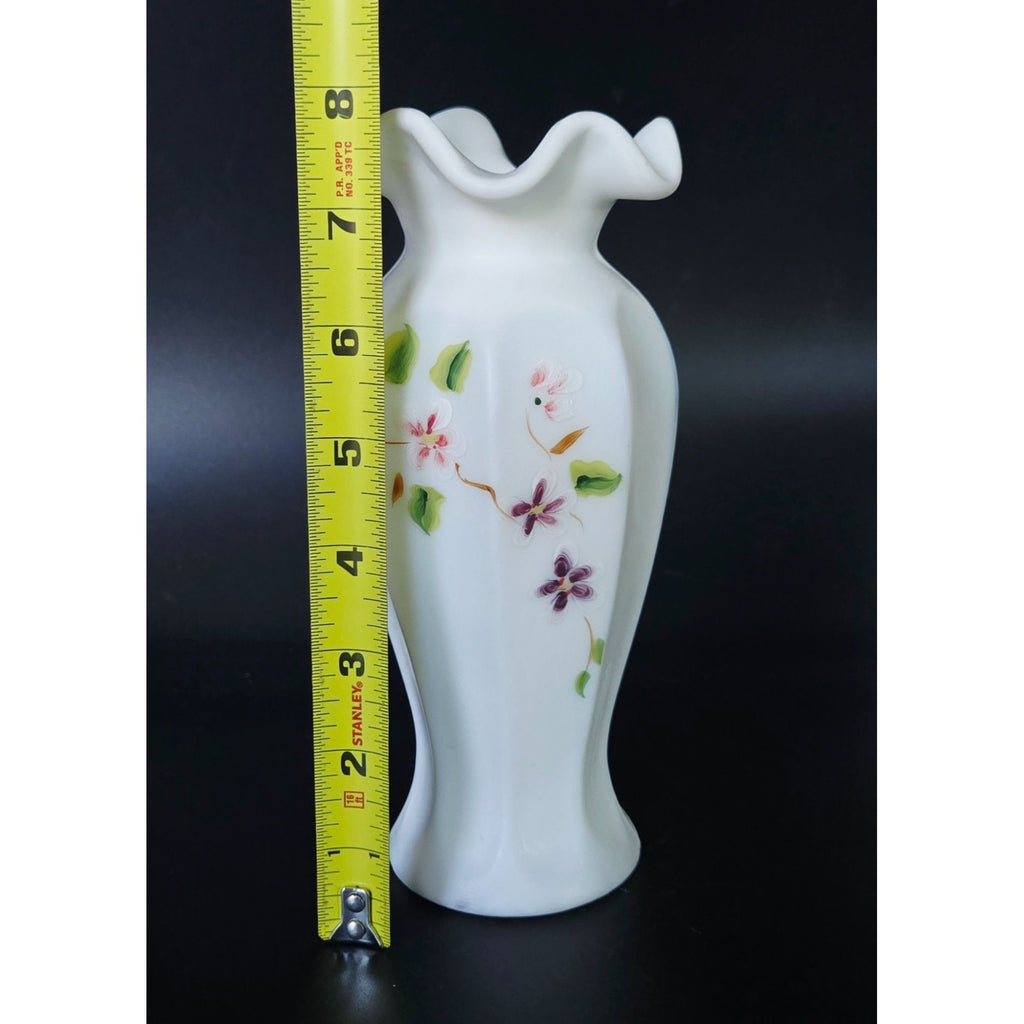 Vintage Fenton Hand-Painted Milk Glass Vase With Ruffled Edge & Floral Design 8" Tall