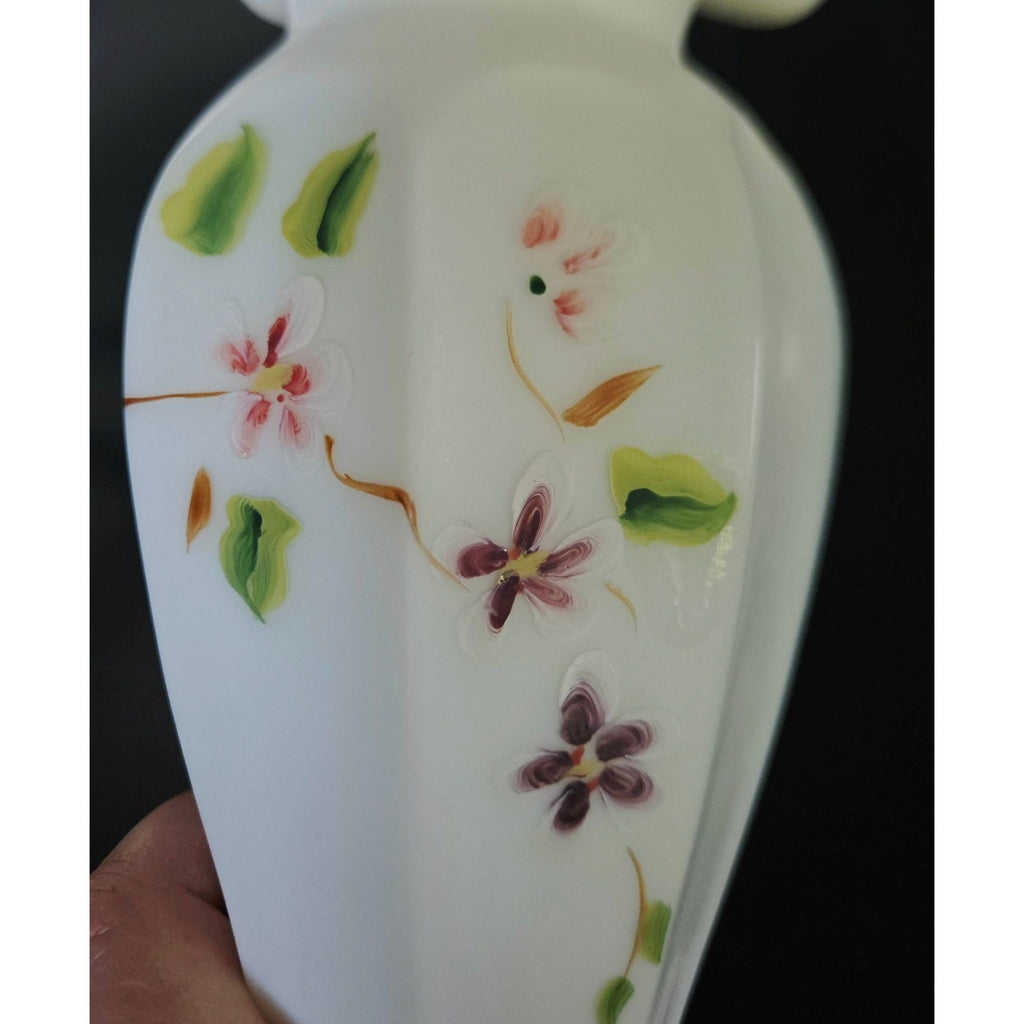 Vintage Fenton Hand-Painted Milk Glass Vase With Ruffled Edge & Floral Design 8" Tall