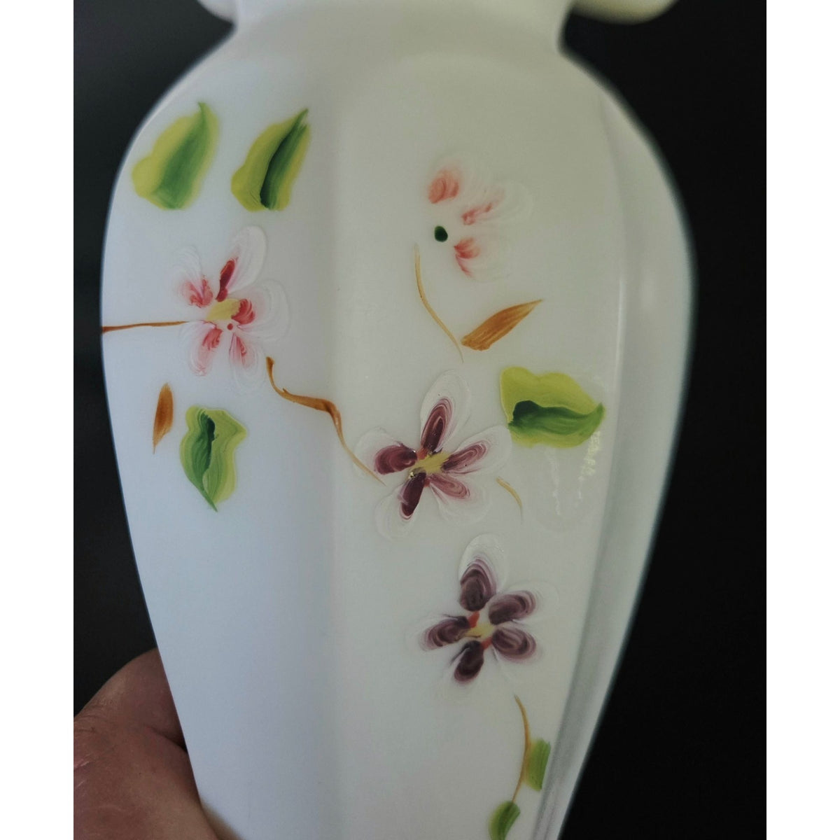 Vintage Fenton Hand-Painted Milk Glass Vase With Ruffled Edge & Floral Design 8" Tall