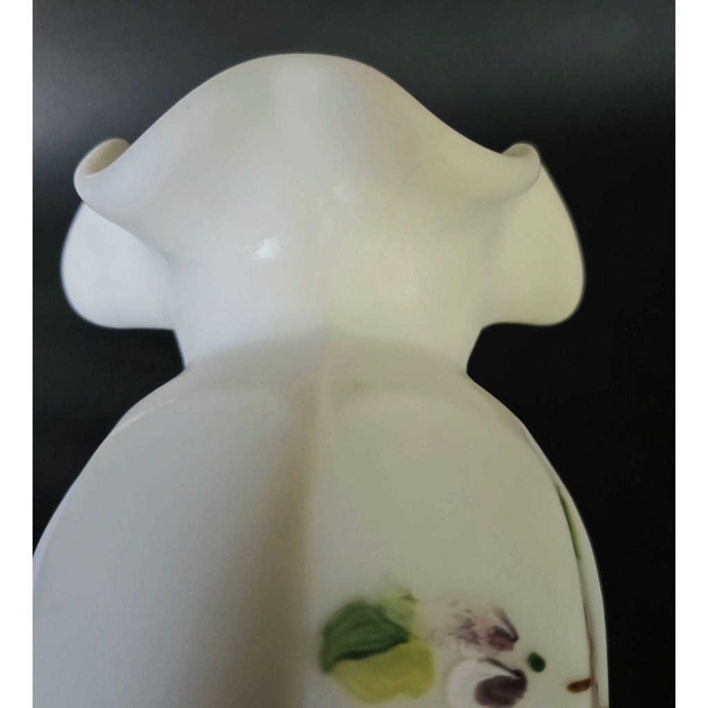 Vintage Fenton Hand-Painted Milk Glass Vase With Ruffled Edge & Floral Design 8" Tall