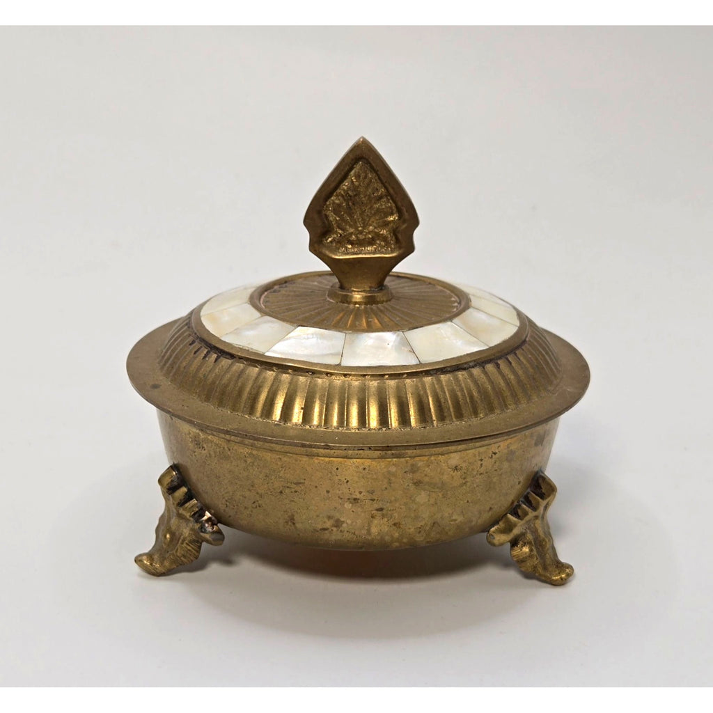 Vintage Brass & Mother Of Pearl Footed Trinket Box With Lid - Made In India