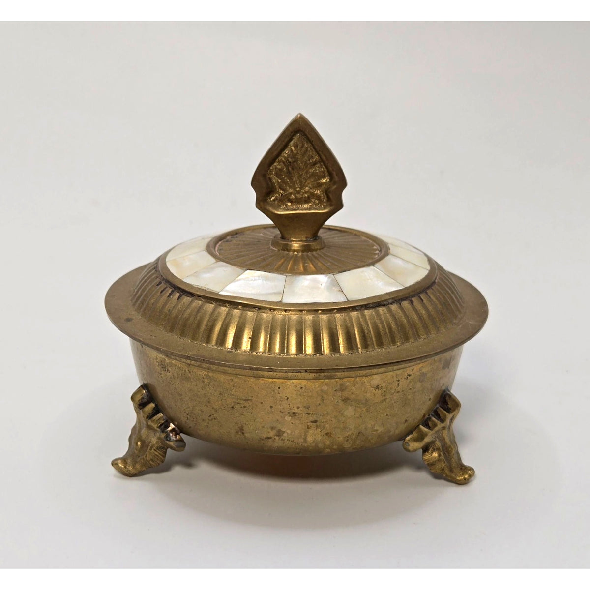 Vintage Brass & Mother Of Pearl Footed Trinket Box With Lid - Made In India