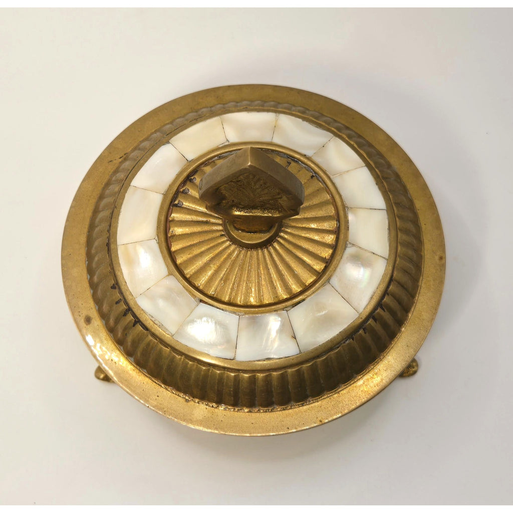 Vintage Brass & Mother Of Pearl Footed Trinket Box With Lid - Made In India