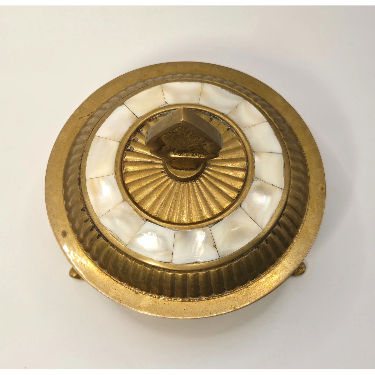 Vintage Brass & Mother Of Pearl Footed Trinket Box With Lid - Made In India