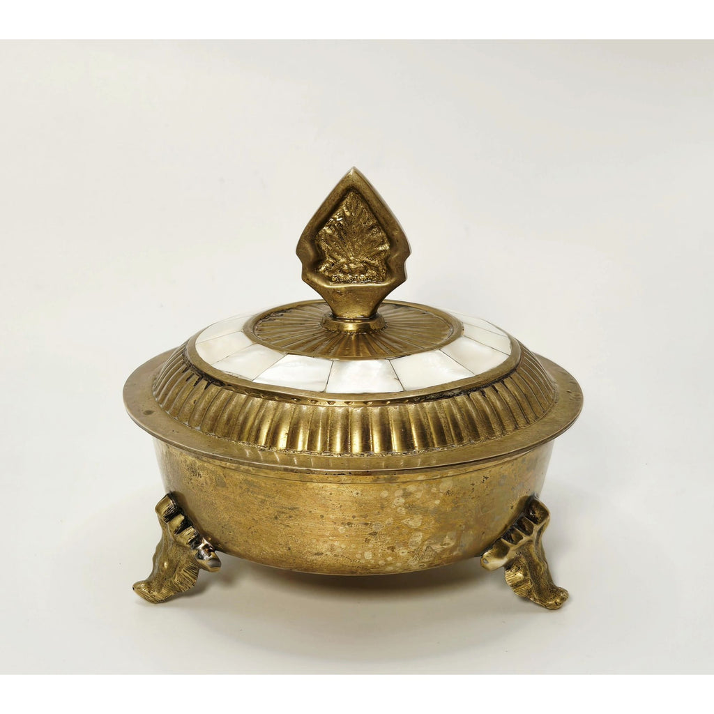 Vintage Brass & Mother Of Pearl Footed Trinket Box With Lid - Made In India
