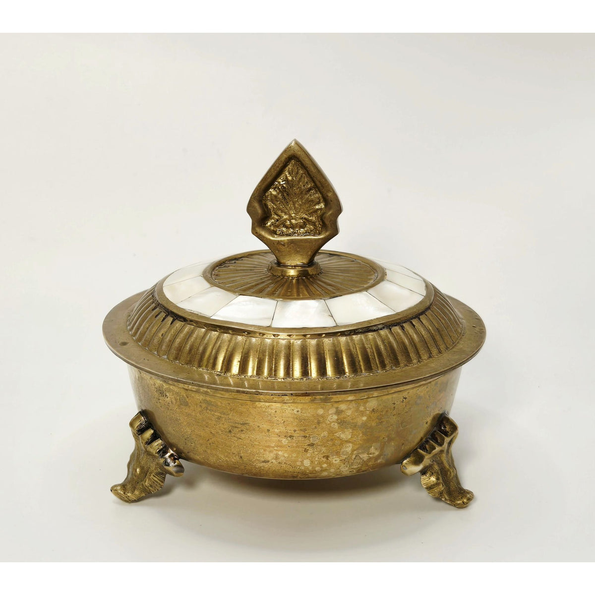 Vintage Brass & Mother Of Pearl Footed Trinket Box With Lid - Made In India