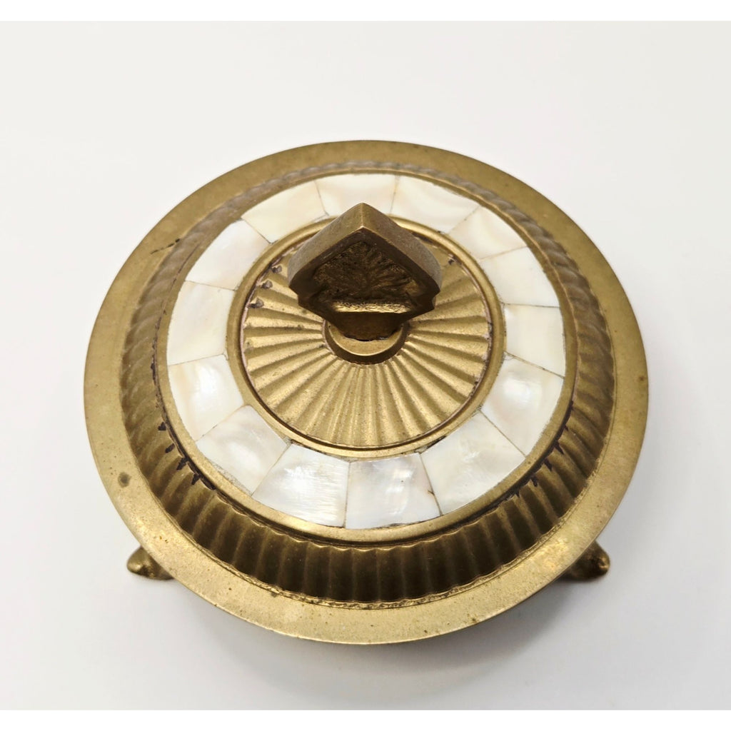 Vintage Brass & Mother Of Pearl Footed Trinket Box With Lid - Made In India