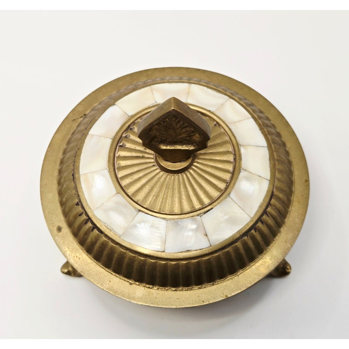 Vintage Brass & Mother Of Pearl Footed Trinket Box With Lid - Made In India