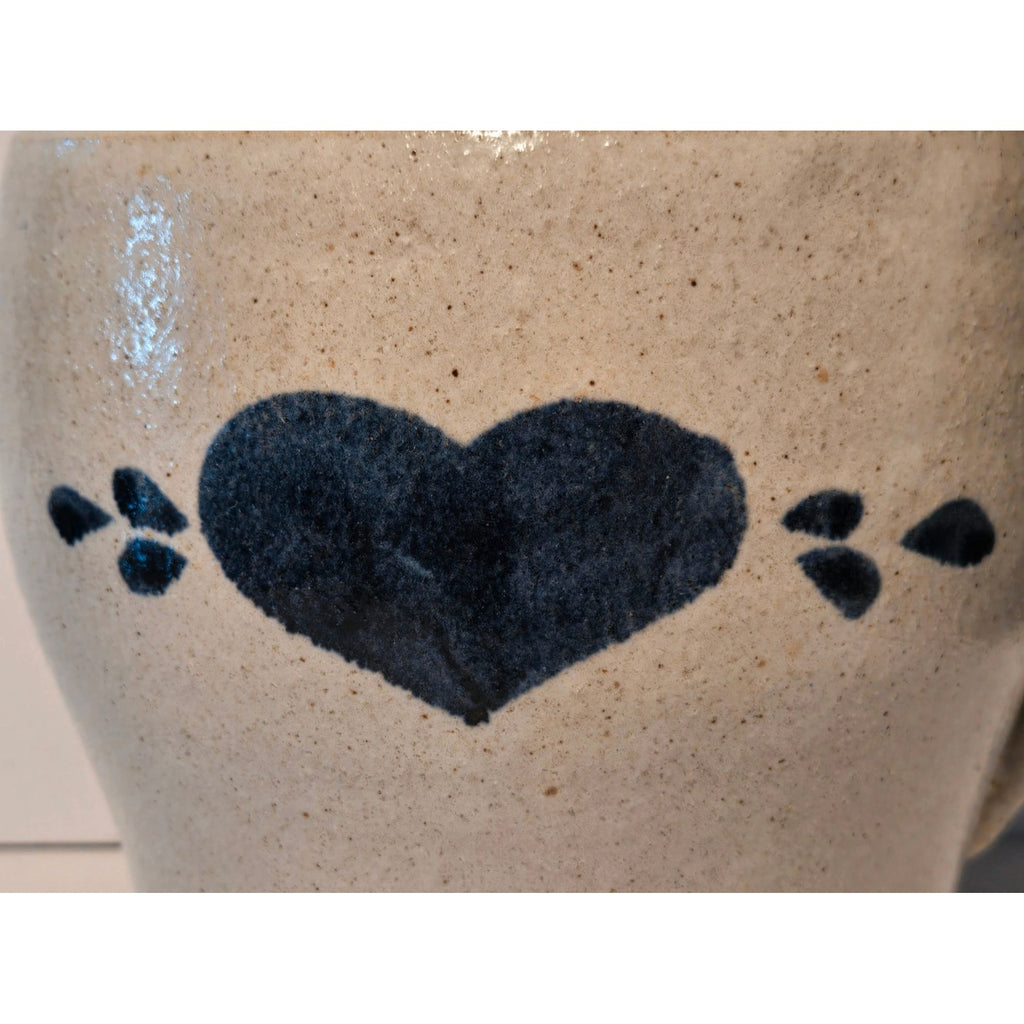 Pinewood Valley large Pottery Pitcher Salt Glazed blue heart 2 qt, USA
