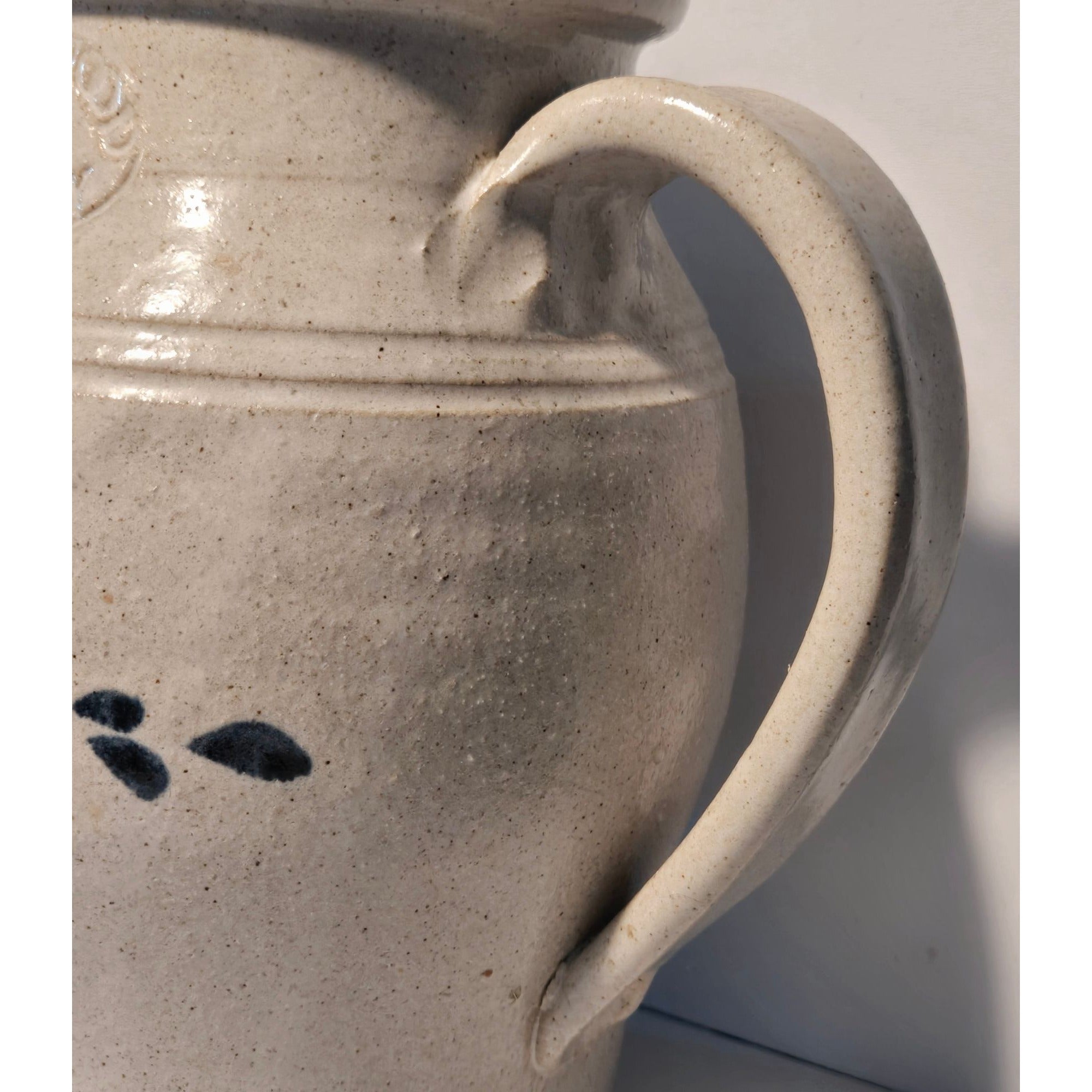 Pinewood Valley large Pottery Pitcher Salt Glazed blue heart 2 qt, USA