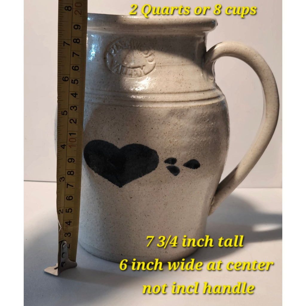 Pinewood Valley large Pottery Pitcher Salt Glazed blue heart 2 qt, USA