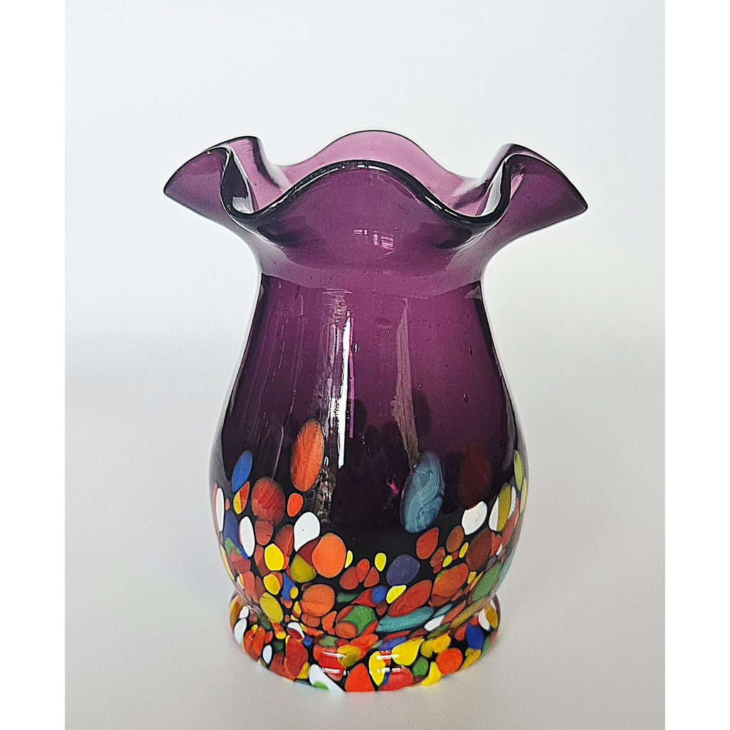 Hand-Blown Purple Glass Vase With Multi-Color Confetti Base 4.5"