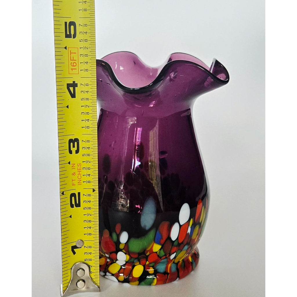 Hand-Blown Purple Glass Vase With Multi-Color Confetti Base 4.5"