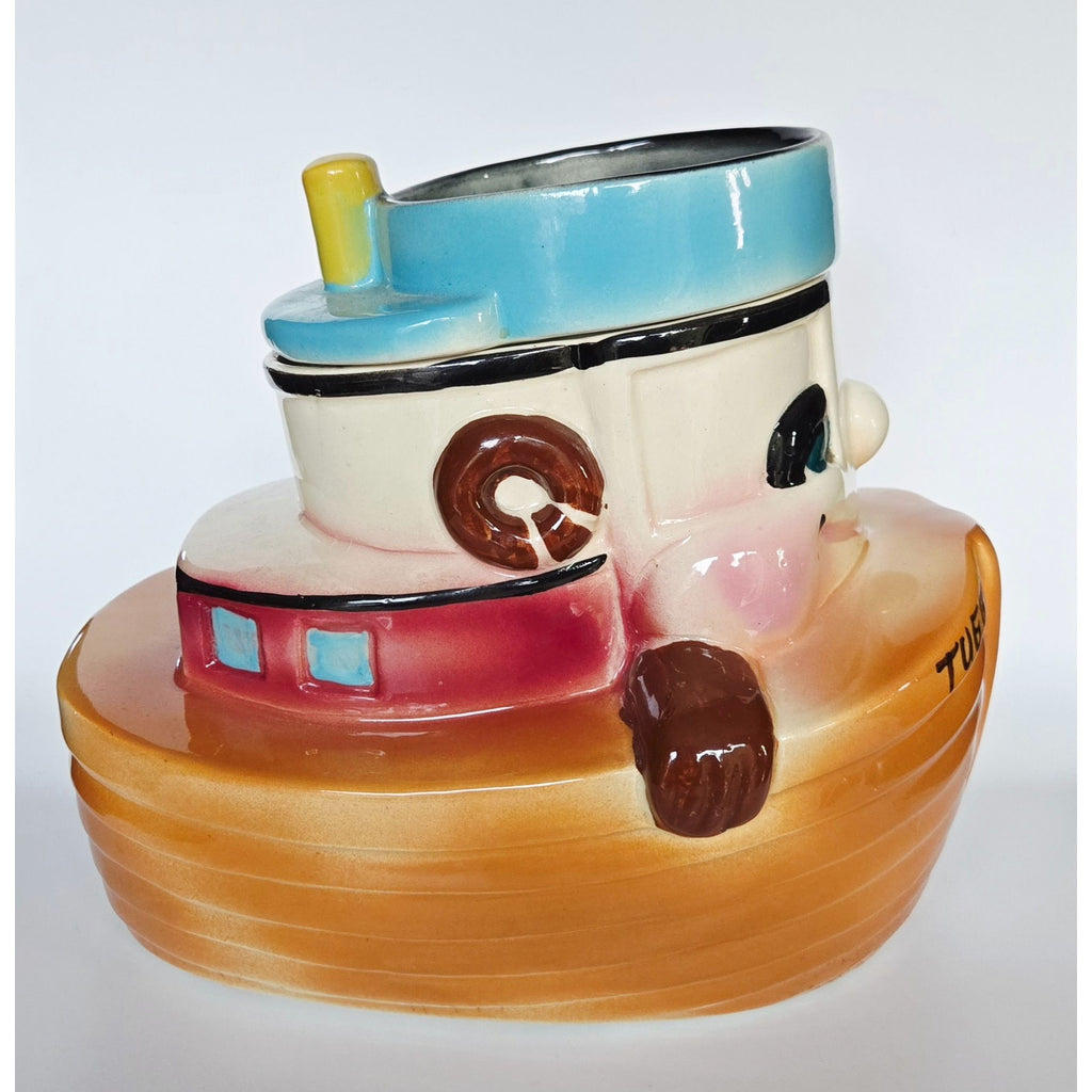 1940s Sierra Tuggle Tugboat Ceramic Cookie Jar  Hand-Painted Nautical Decor Collectible