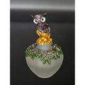Frosted Glass Owl Perfume Bottle Decorative Tree Branch Lid Green Leaves & Blue Rhinestones, Like New