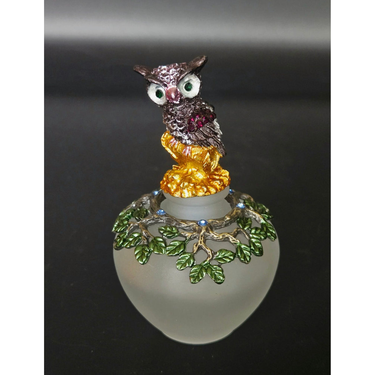 Frosted Glass Owl Perfume Bottle Decorative Tree Branch Lid Green Leaves & Blue Rhinestones, Like New