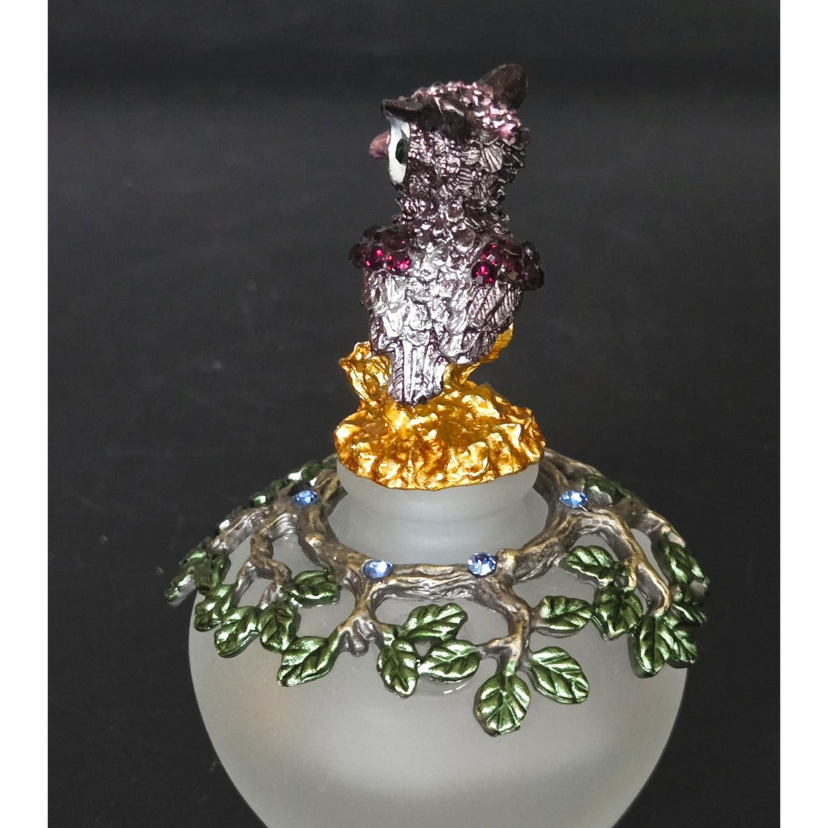 Frosted Glass Owl Perfume Bottle Decorative Tree Branch Lid Green Leaves & Blue Rhinestones, Like New