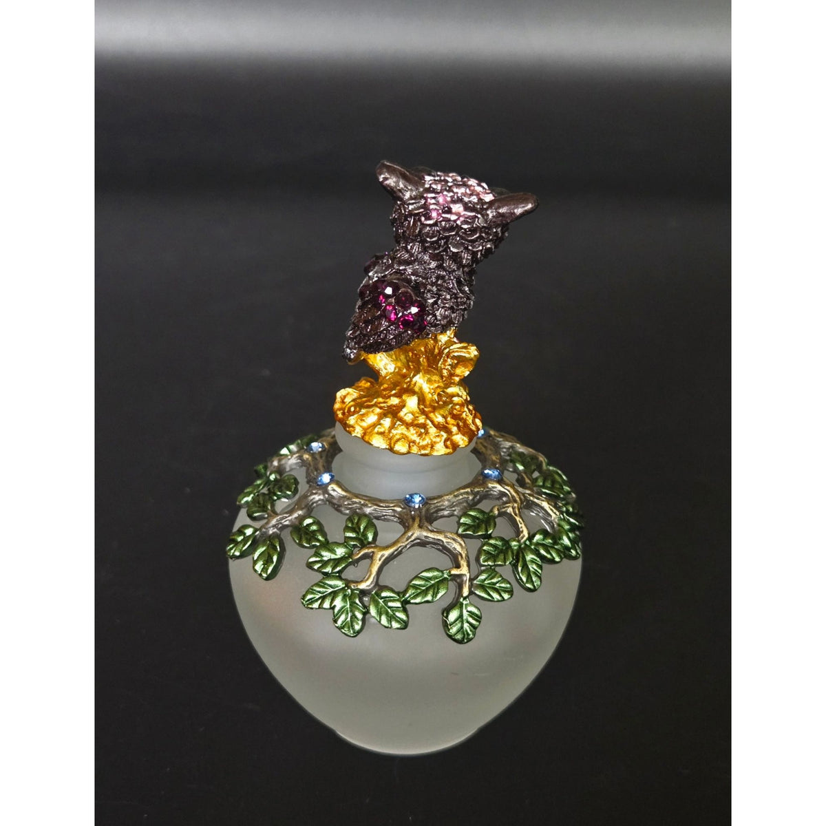Frosted Glass Owl Perfume Bottle Decorative Tree Branch Lid Green Leaves & Blue Rhinestones, Like New
