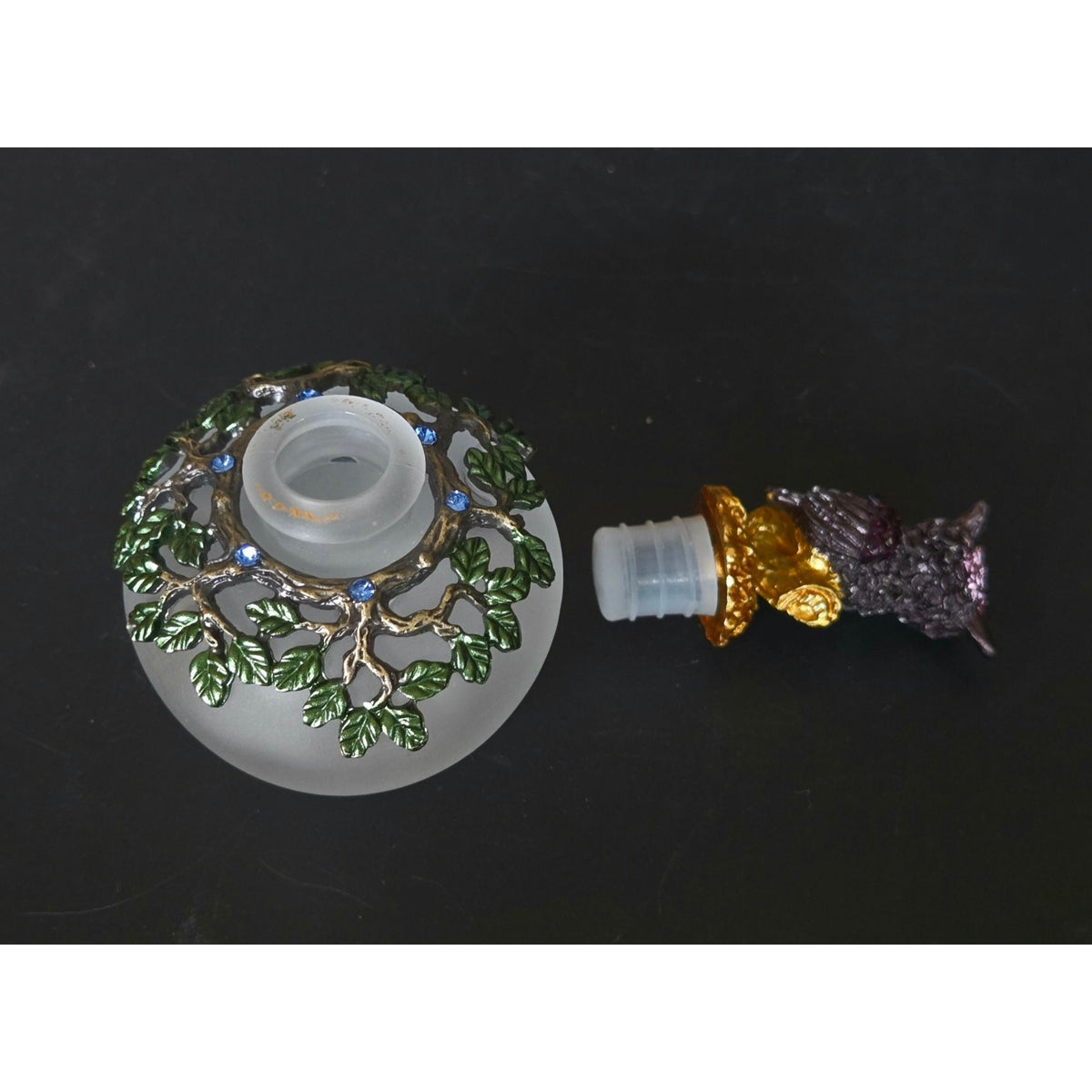 Frosted Glass Owl Perfume Bottle Decorative Tree Branch Lid Green Leaves & Blue Rhinestones, Like New