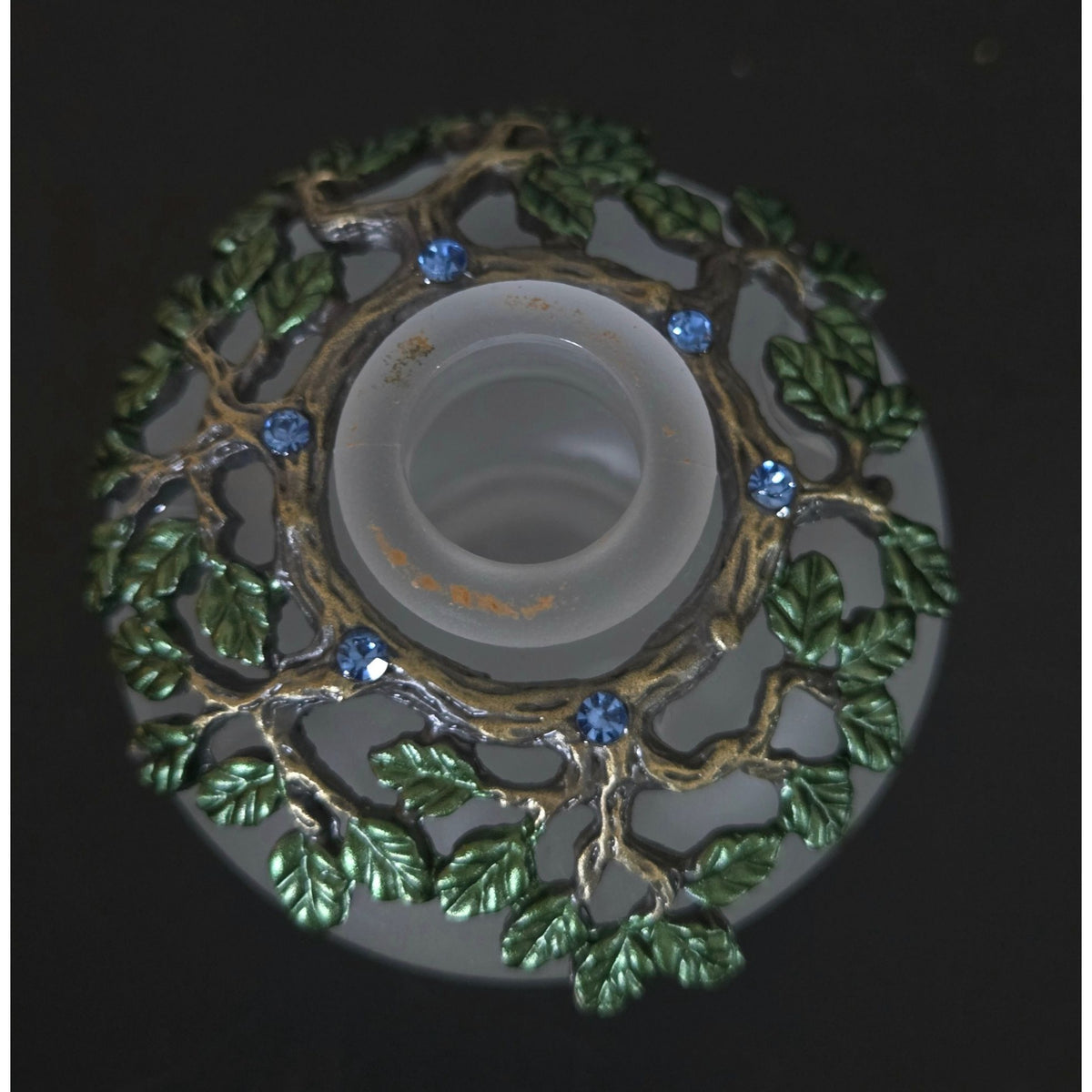 Frosted Glass Owl Perfume Bottle Decorative Tree Branch Lid Green Leaves & Blue Rhinestones, Like New