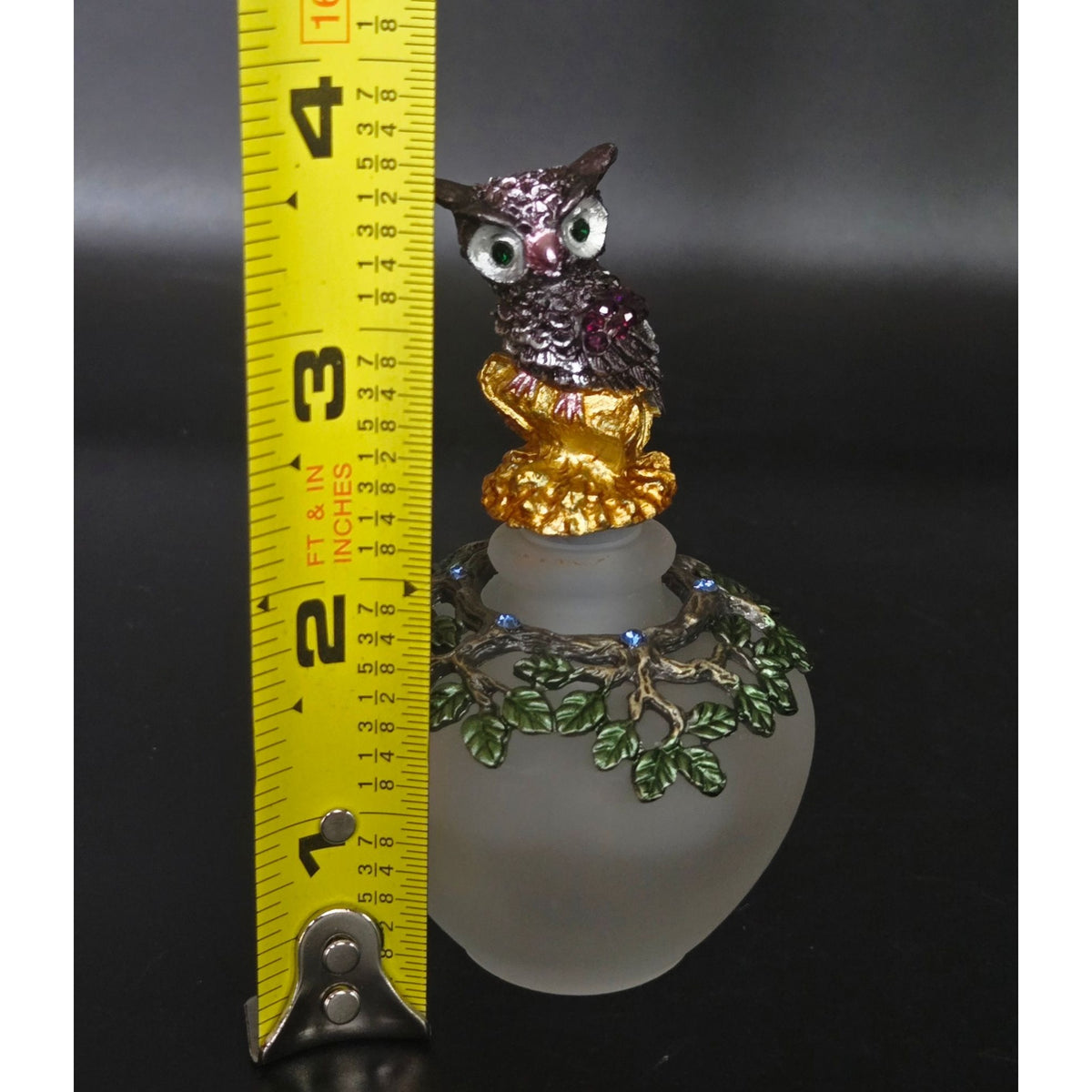 Frosted Glass Owl Perfume Bottle Decorative Tree Branch Lid Green Leaves & Blue Rhinestones, Like New