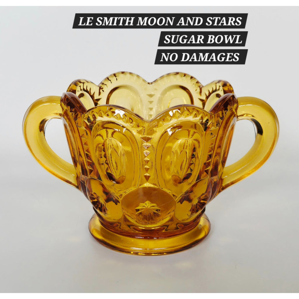 Le Smith Moon & Stars Amber Glass Sugar Bowl Scalloped, MINT