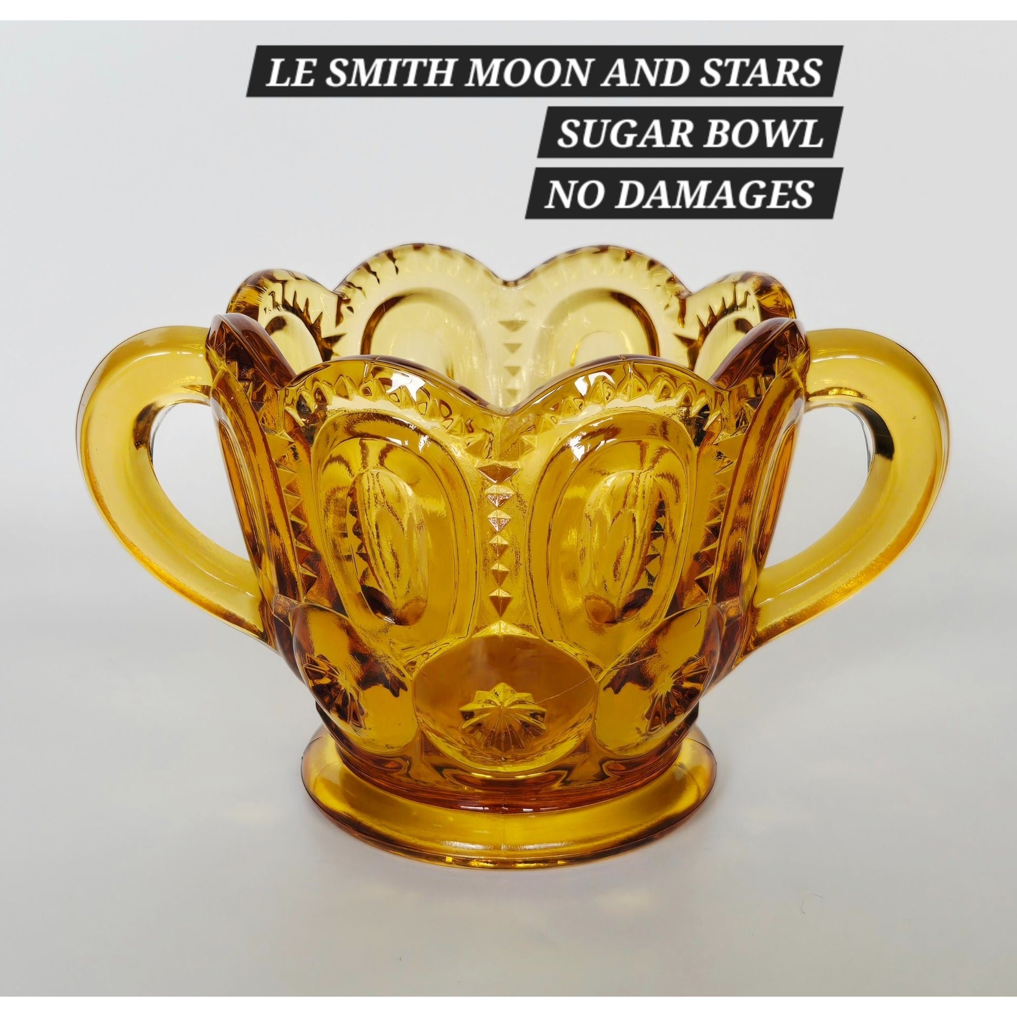 Le Smith Moon & Stars Amber Glass Sugar Bowl Scalloped, MINT
