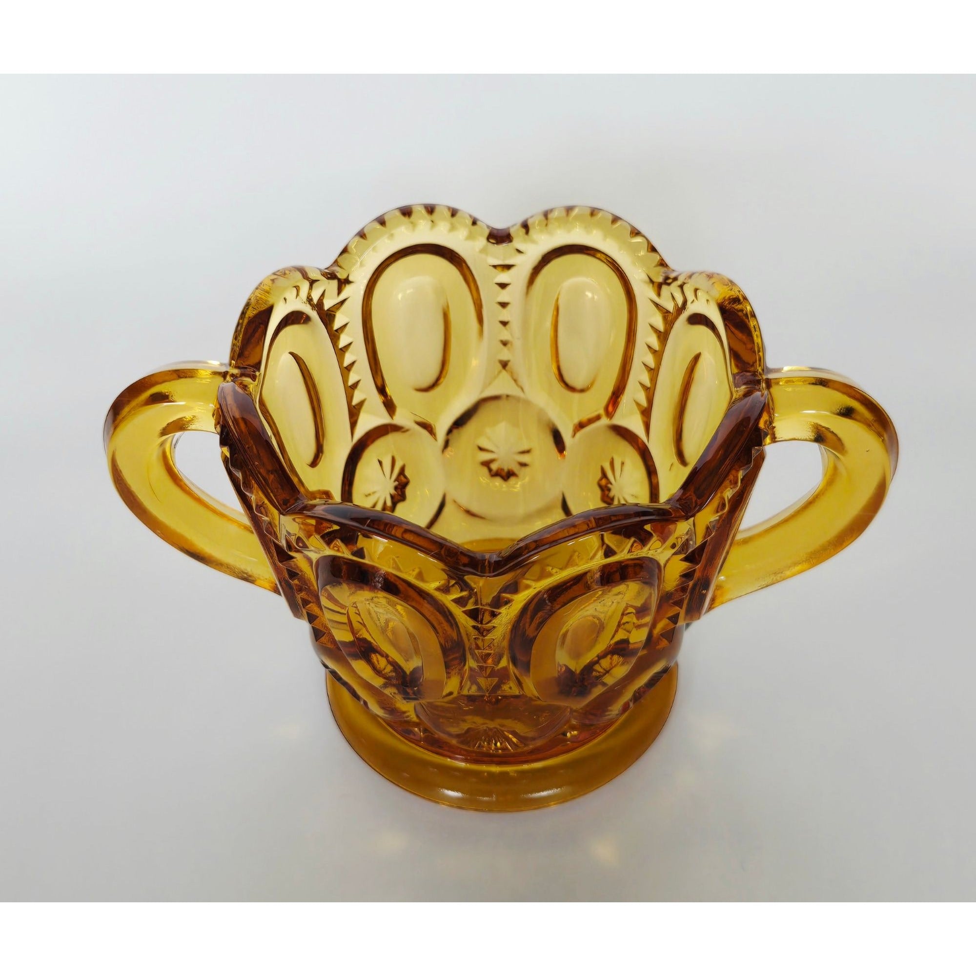 Le Smith Moon & Stars Amber Glass Sugar Bowl Scalloped, MINT