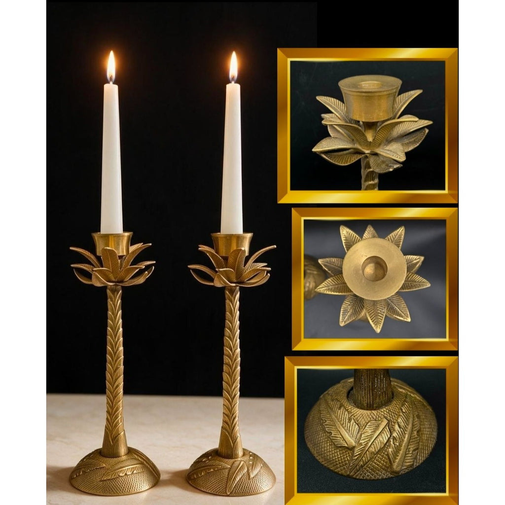 Vintage Brass Palm Tree Taper Candle Holders Pair With Leaf Detailing 13"