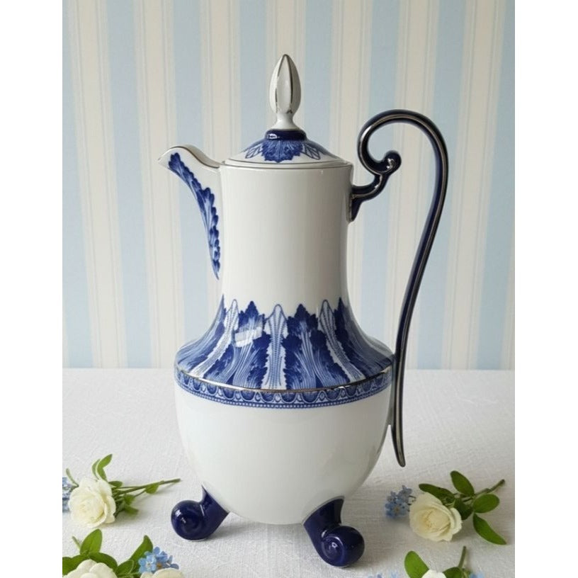 Grace by Bombay Elegant Large Blue Leaf & White Porcelain Coffee/ Teapot w/legs 13"