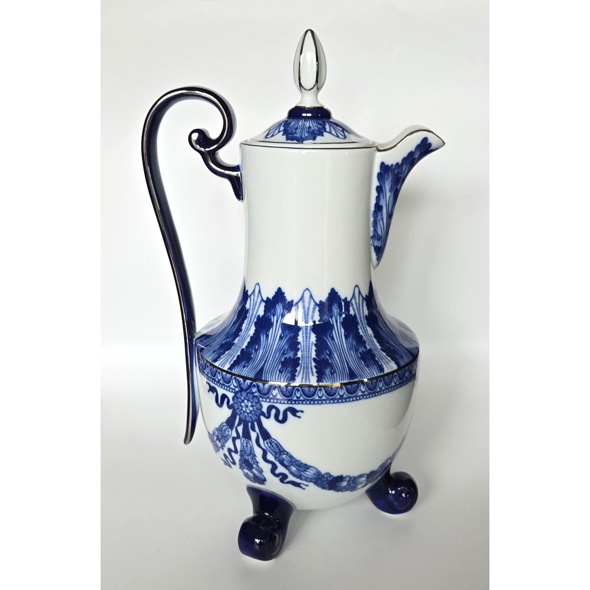 Grace by Bombay Elegant Large Blue Leaf & White Porcelain Coffee/ Teapot w/legs 13"