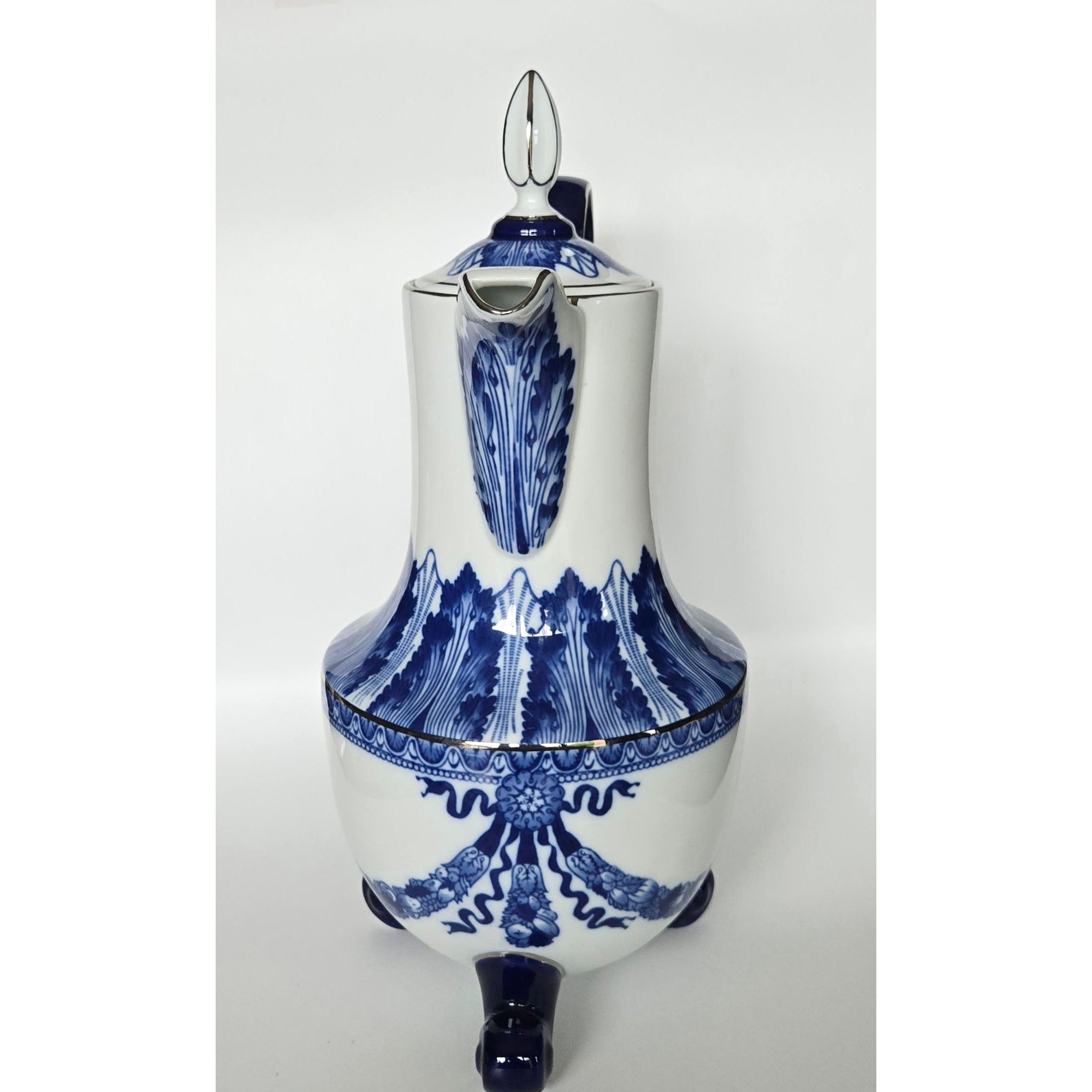Grace by Bombay Elegant Large Blue Leaf & White Porcelain Coffee/ Teapot w/legs 13"