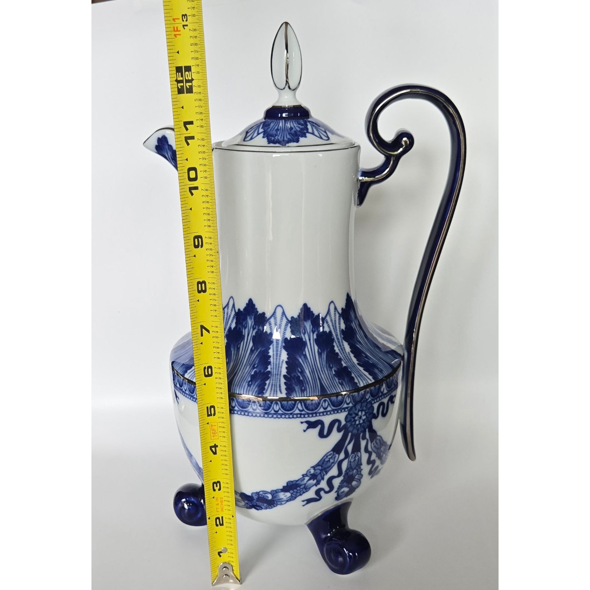 Grace by Bombay Elegant Large Blue Leaf & White Porcelain Coffee/ Teapot w/legs 13"