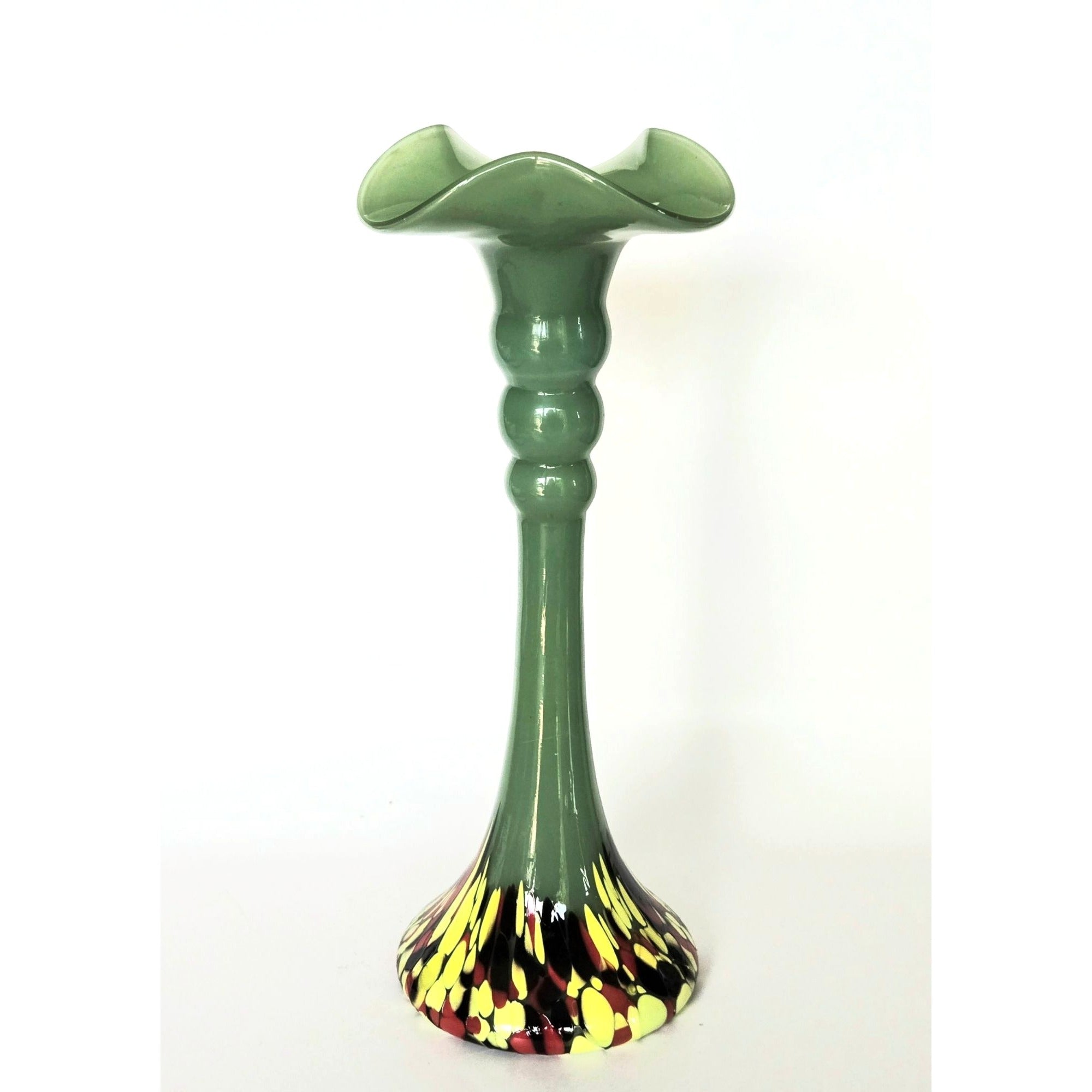 1920s Welz Czech Glass Jade Green Vase With Splatter Base, bottom Glows