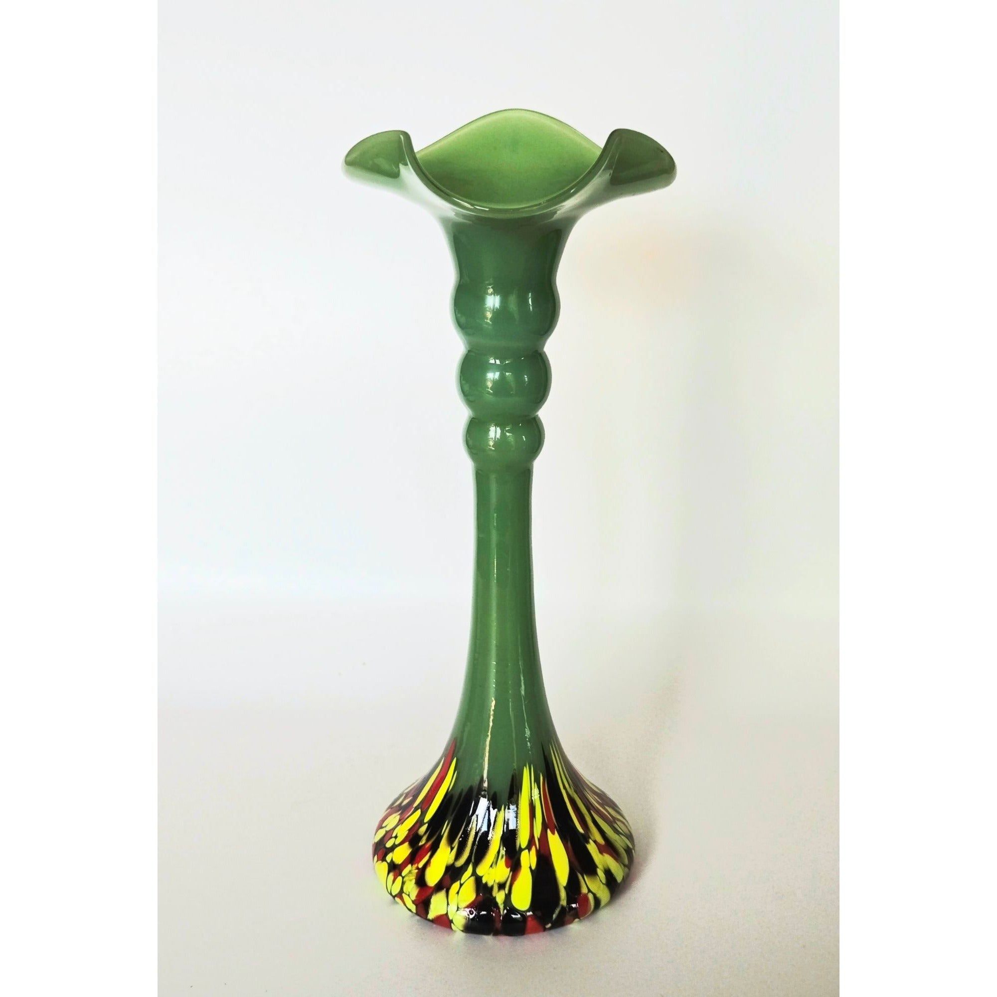 1920s Welz Czech Glass Jade Green Vase With Splatter Base, bottom Glows