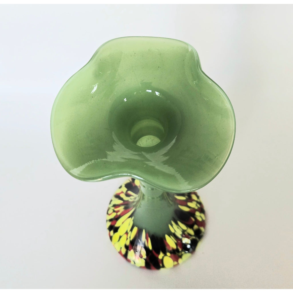 1920s Welz Czech Glass Jade Green Vase With Splatter Base, bottom Glows