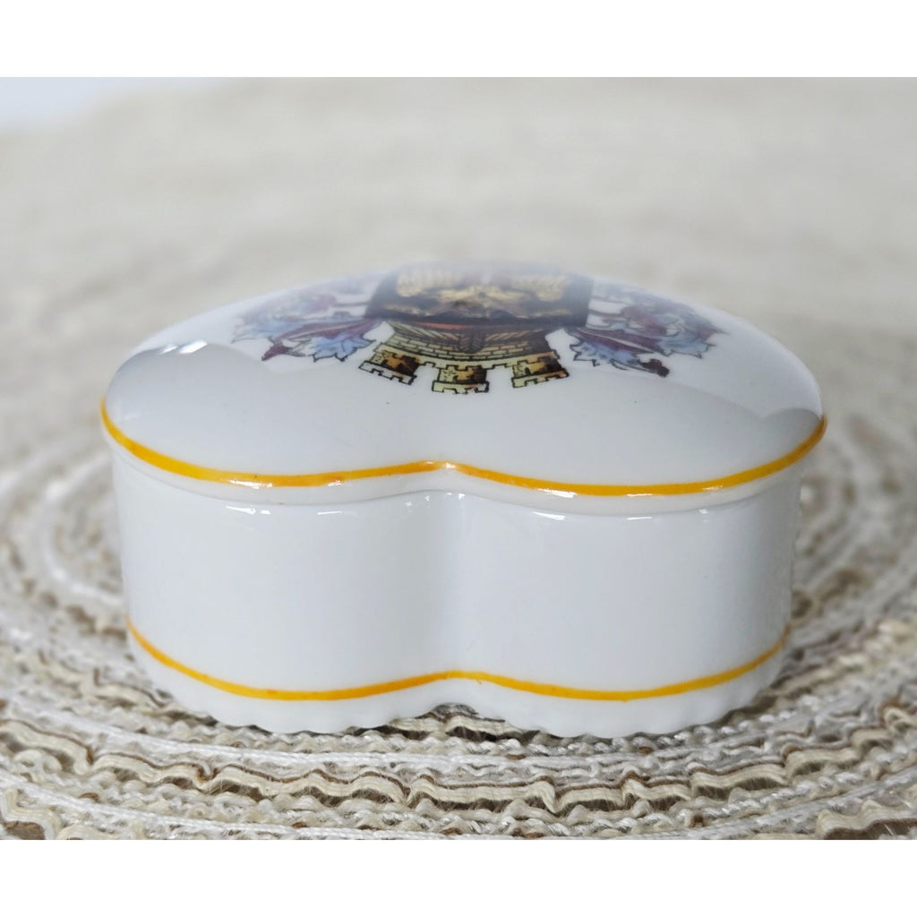 Geiersthal German Heart Shaped Porcelain Trinket Box, Vienna Castle Shield & Florals, Excellent Condition 3"