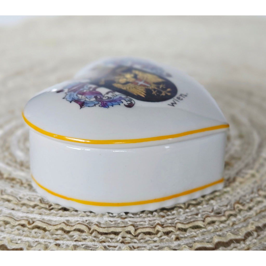 Geiersthal German Heart Shaped Porcelain Trinket Box, Vienna Castle Shield & Florals, Excellent Condition 3"