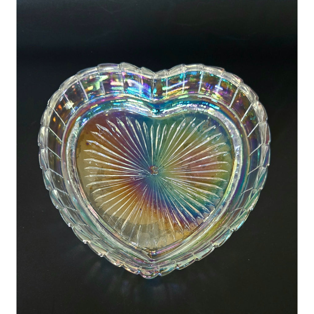 LE Smith Carnival Glass Heart Box, Excellent Condition, Iridescent Diamond Point Design, 5 "