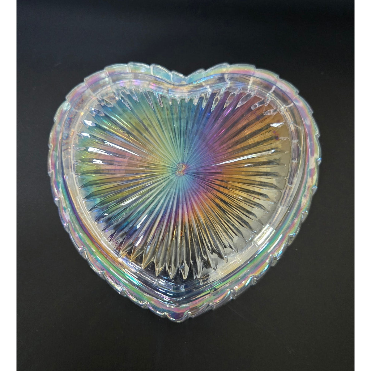 LE Smith Carnival Glass Heart Box, Excellent Condition, Iridescent Diamond Point Design, 5 "
