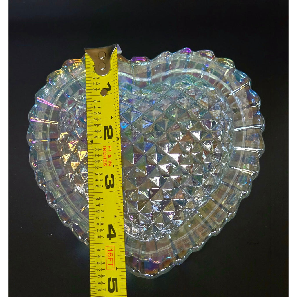 LE Smith Carnival Glass Heart Box, Excellent Condition, Iridescent Diamond Point Design, 5 "