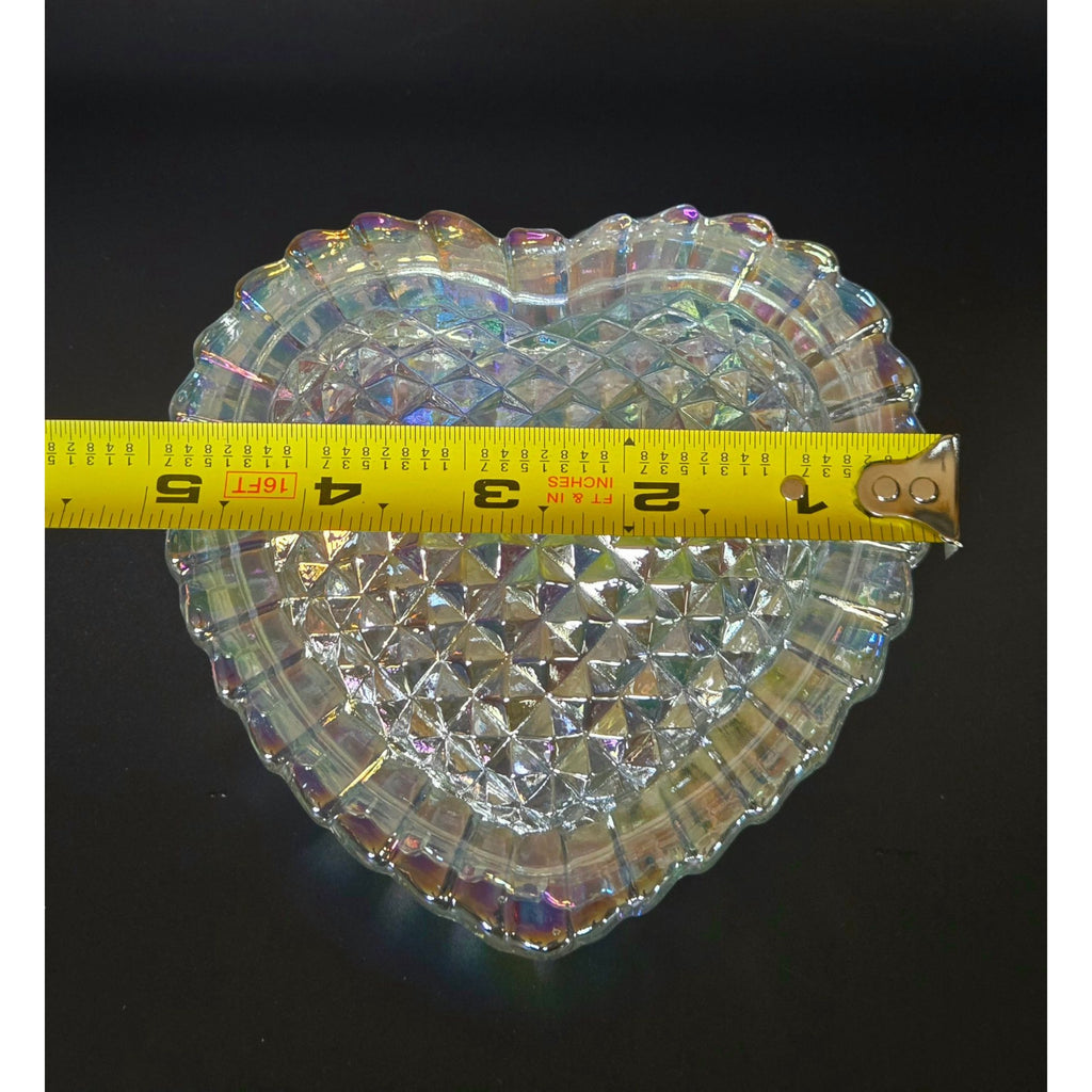 LE Smith Carnival Glass Heart Box, Excellent Condition, Iridescent Diamond Point Design, 5 "