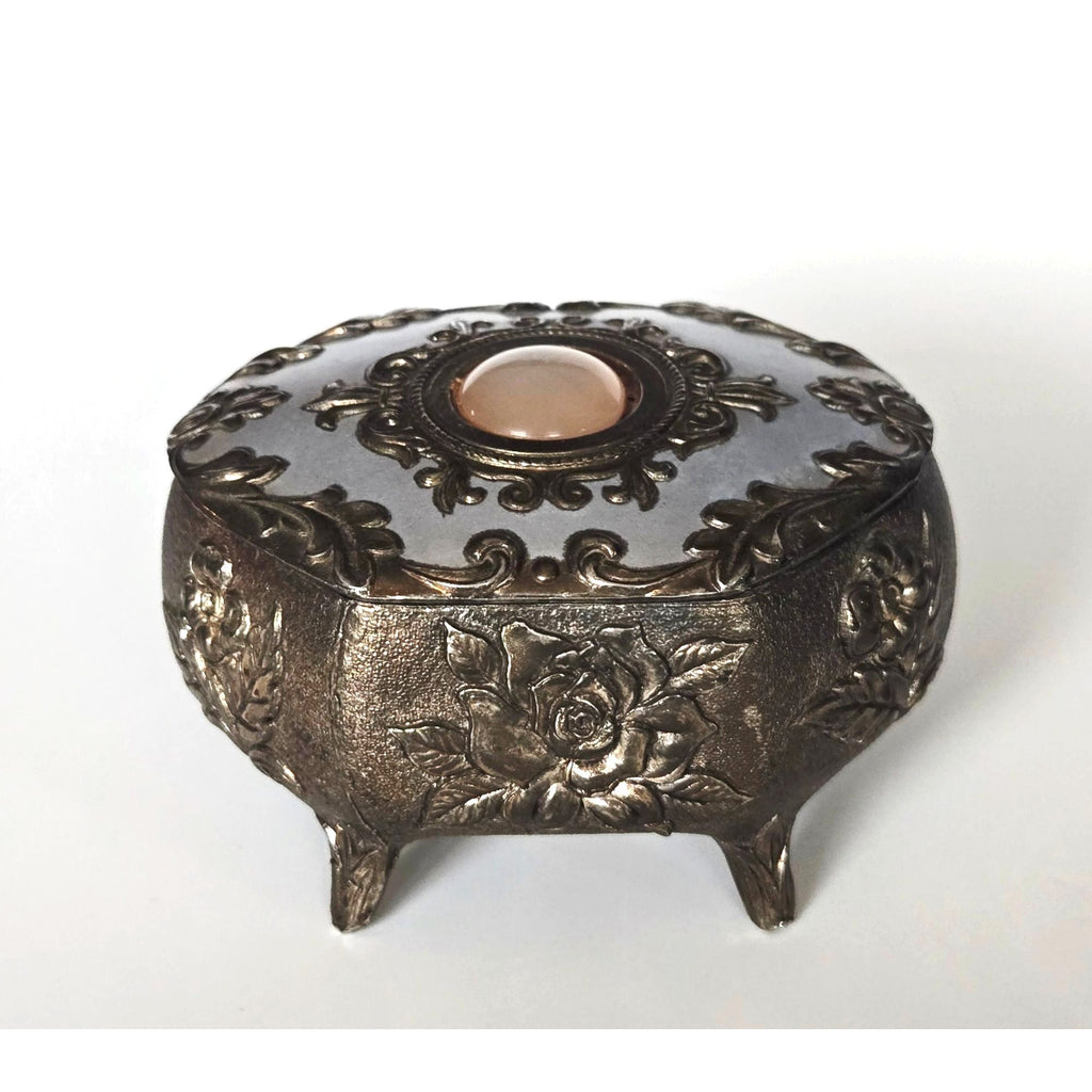Floral Metal Footed Trinket Box With Ornate Floral Design & Starburst Cabachon