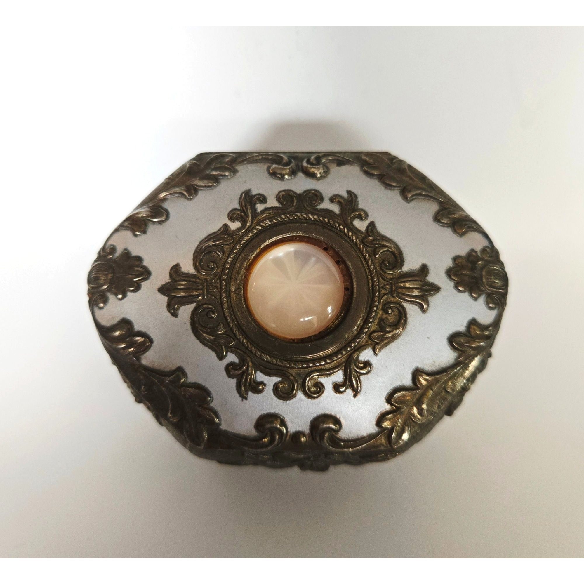 Floral Metal Footed Trinket Box With Ornate Floral Design & Starburst Cabachon