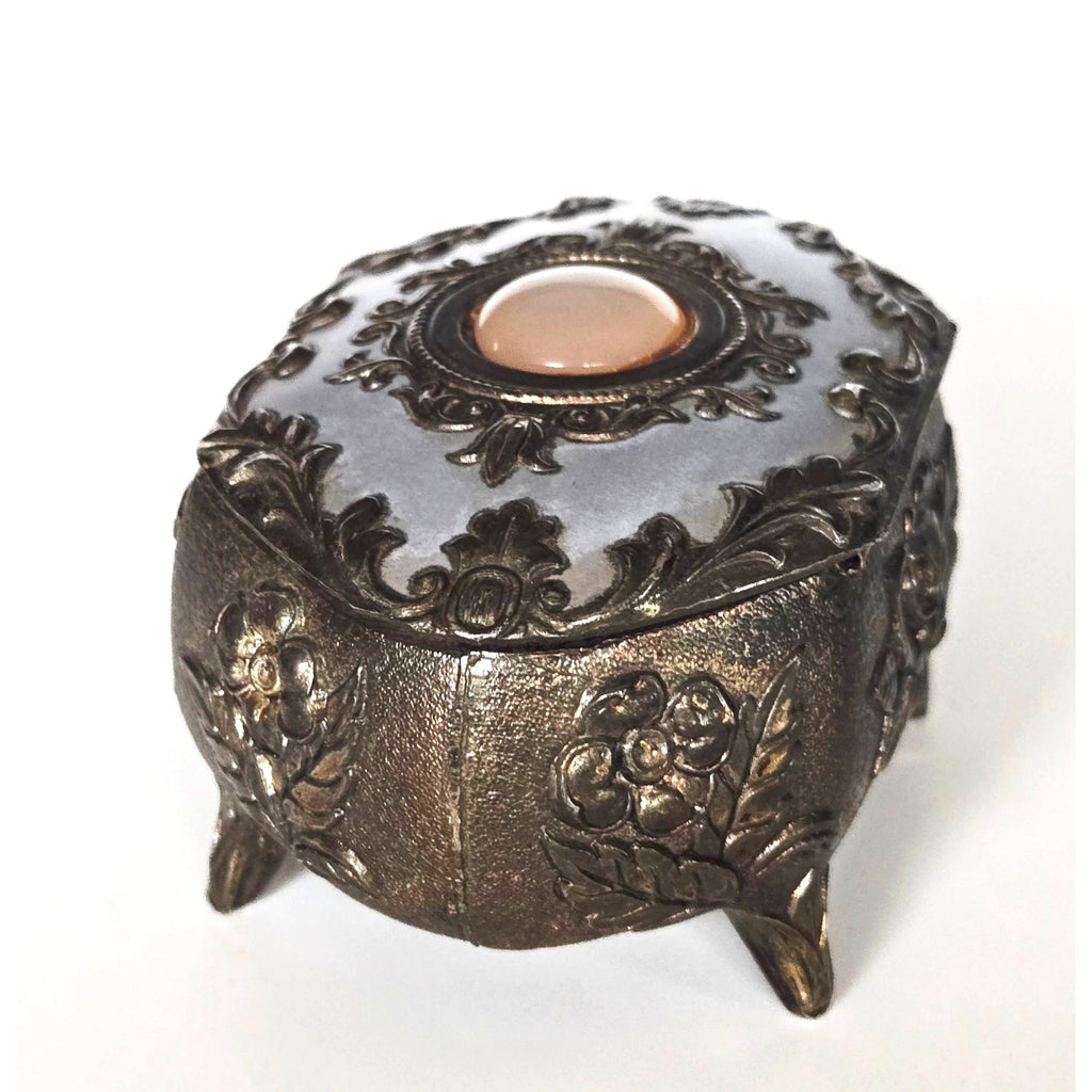 Floral Metal Footed Trinket Box With Ornate Floral Design & Starburst Cabachon