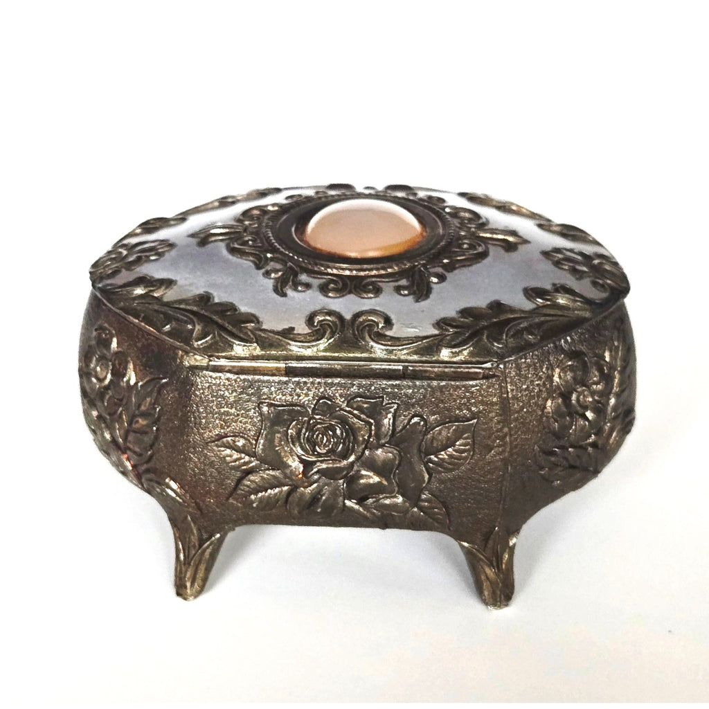 Floral Metal Footed Trinket Box With Ornate Floral Design & Starburst Cabachon