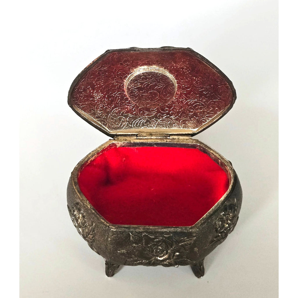 Floral Metal Footed Trinket Box With Ornate Floral Design & Starburst Cabachon