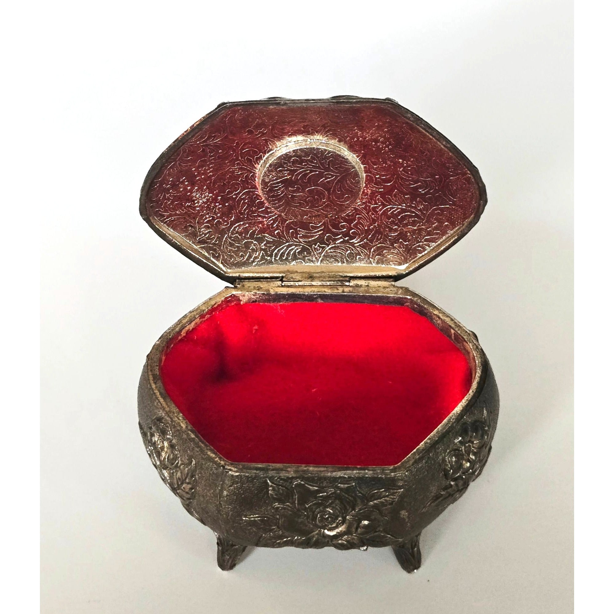 Floral Metal Footed Trinket Box With Ornate Floral Design & Starburst Cabachon