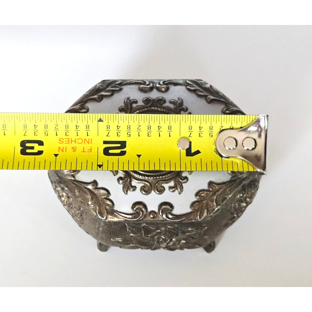 Floral Metal Footed Trinket Box With Ornate Floral Design & Starburst Cabachon