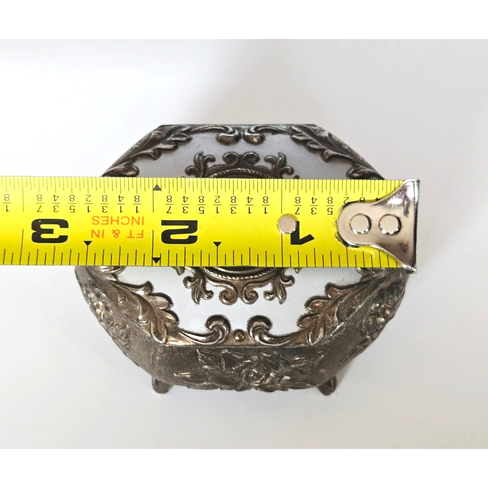 Floral Metal Footed Trinket Box With Ornate Floral Design & Starburst Cabachon
